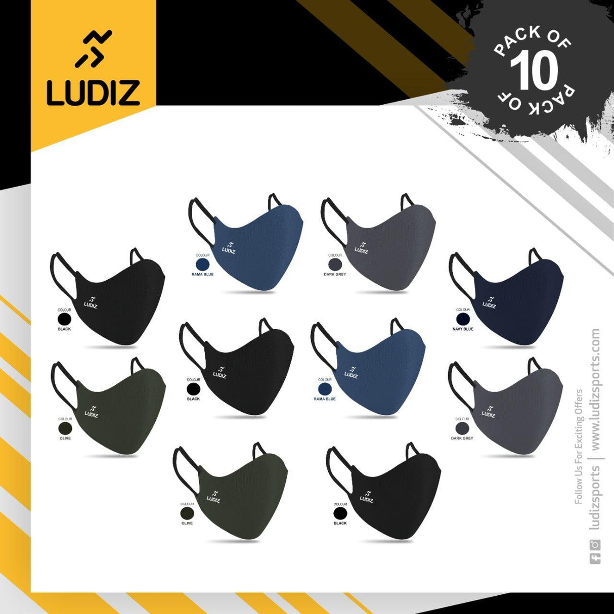 Ludiz Premium Reusable Face Masks with Ultra Soft Ear Loops (Pack of 10) - KIBI SPORTS